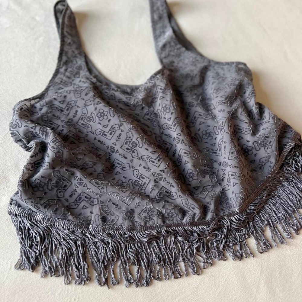 Hollister gray tank top velvet burnout hippie boho festival rockstar fringe crop